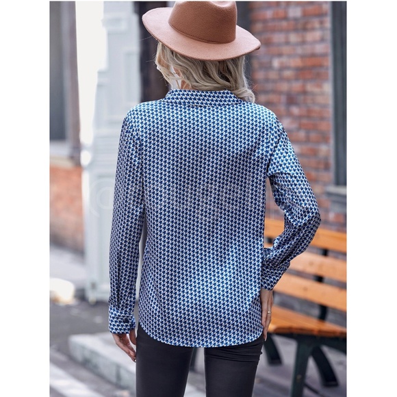 Blue Casual Satin Printed Button Up / Down Shirt Long Sleeve Collar - Picture 3 of 8